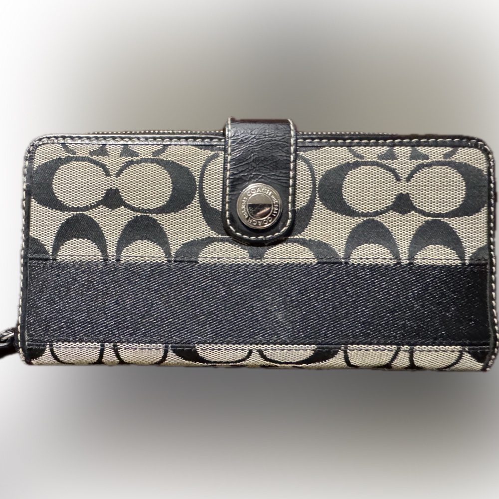 COACH SIGNATURE WALLET | Black Jacquard + Leather Trim | Wristlet Zip|Y2k